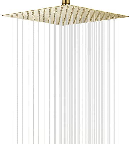 GGStudy High Pressure Square Brushed Gold Shower Head 16 Inches Large Stainless Steel Shower Heads,Ultra Thin Rainfall Bath Shower 1/2 Connection Shower Head Rain