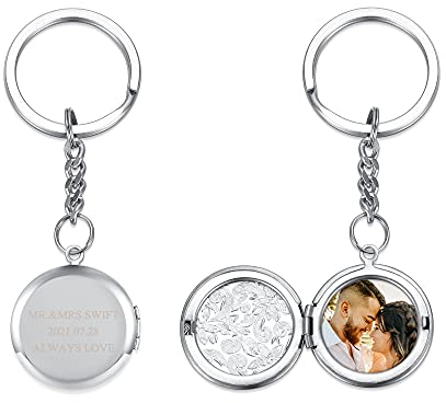 JSDDE Personalisiert Text und Fotogravur Medaillon Medaillon zum öffnen für Bild schlüsselanhänger mit Gravur kreative Keychain Geschenke für Damen Herren, Silber