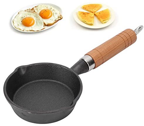 10 cm Mini Egg Pan Non-Stick Wooden Handle Frying Pan | Lightweight Cast Iron Compact Cooking, Compatible with Gas Electric Hob, Stovetop Pan for Camping Kitchen Outdoor, Black