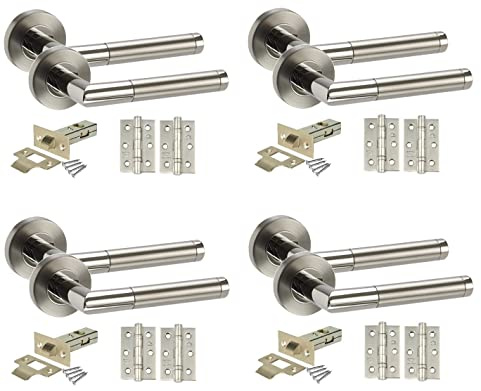 Golden Grace Mitred Door Handles Latch Pack, Duo Chrome Finish, 4 Sets | Supplied with 75mm ball bearing hinges, woodscrews and an allen key, with a screw-on rose to easily conceal all door fixings.