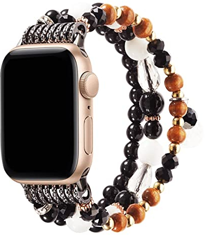 JewelryWe Boho Perlenarmband für Apple Watch: Damen Ersatzarmband Kompatibel mit Apple Watch 38mm 40mm 41mm Armband für iWatch Series 7/6/5/4/3/2/1 Elastisch Perlen Kugel Beads Armband Schwarz