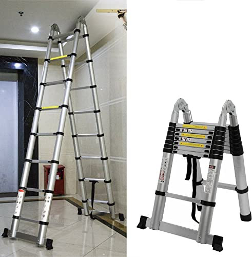 Scala telescopica pieghevole, in acciaio inox, 1,9 + 1,9 m, antiscivolo, 6 + 6 pioli, facile da trasportare, portata 150 kg