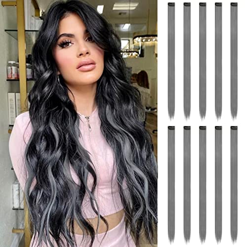 FESHFEN Farbige Haarverlängerung, 10 PCS Grau Haarteil für Damen Party Highlight Synthetik Glatte Bunte Haarverlängerungen Clip in Extensions Haarteil für Frauen, 55cm