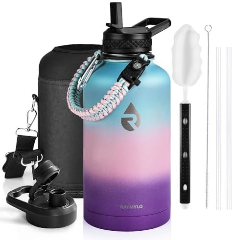 RAYMYLO Insulated Water Bottle 64 oz, Triple Wall Vacuum Stainless Steel (Cold for 48 Hrs), Leak Proof & Non-BPA, Half Gallon Water Flask Jug with Paracord Handle & Straw Spout Lids, Hydrangea