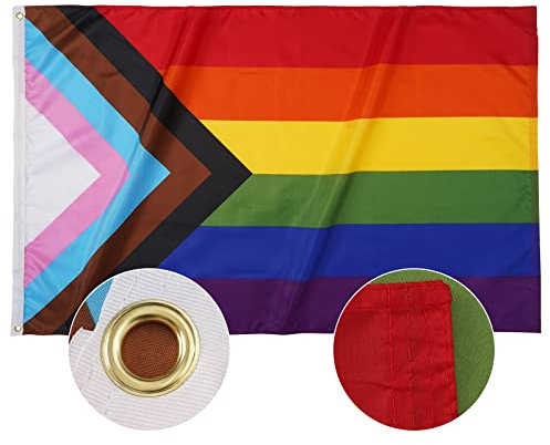 SYII Drapeau LGBT Progress Pride - 1,5 x 2,4 m - Arc-en-ciel - Gay - Lesbiennes bisexuelles transgenres - Bannière d'extérieur LGBTQ aux couleurs vives avec 2 œillets en laiton