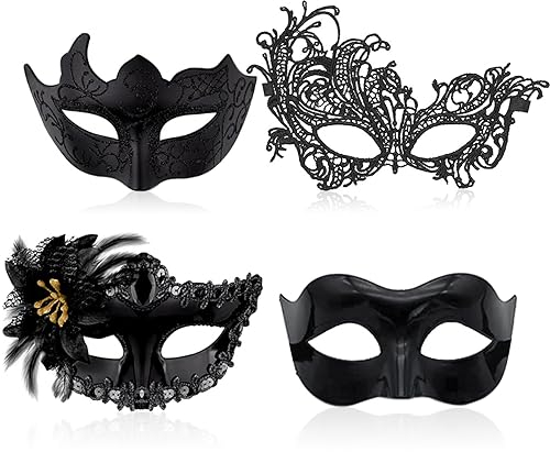 RoadLoo Lot de 4 masques de mascarade vénitienne pour homme et femme - Pour fête, carnaval, Halloween, Noël - Ensemble de masques en dentelle