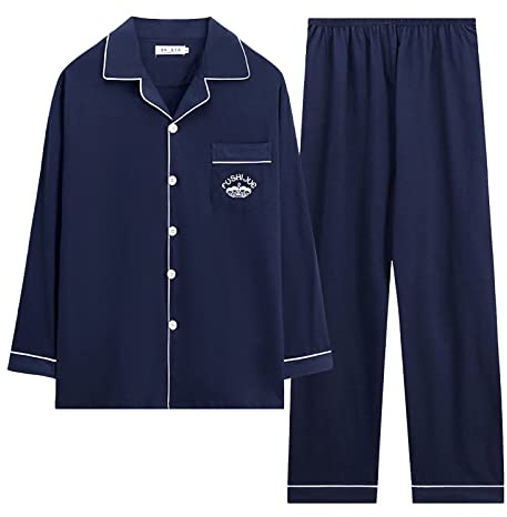 LOIJMK Pyjama long à boutonner pour homme - En coton - 2 pièces - Grandes tailles - Col en V - Avec poche poitrine - Doux et confortable - Pour la maison, q, XXXL
