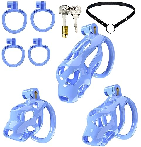 ScreaAss 2023 V7 Cobra Harz Penis Käfig Atmungsaktiver Keuschheitskäfig Herren Set Mit 4 Cockringe Und Gürtel, 3 Größen Umschnall Cock Cage Keuschheitsgürtel Sexspielzeug Für Männer,Blau/s bogen,Set