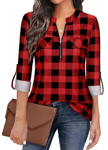 Gemulate Womens Tops 3/4 Sleeve Tops for Women Polo Top Floral Printed Shirts with Zip Up V Neck Tunic Blouse Basic Tops