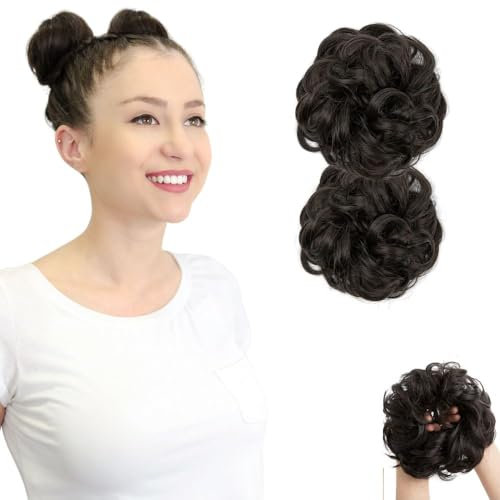 Color Negro - Pack 2 moños pelo postizo. Moños pelo postizo de fácil aplicación. Pelo sintético de primera calidad. Coletero multiposición