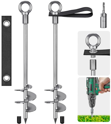 Insaga 2er Zeltheringe, 42cm Zelt Heringe Erdnägel Stabil Lang Erdanker Bodenanker Schraubheringe Zelthaken für Trampolin/Schaukel/Camping/Schuppen/Hund mit Fester Schlaufenband