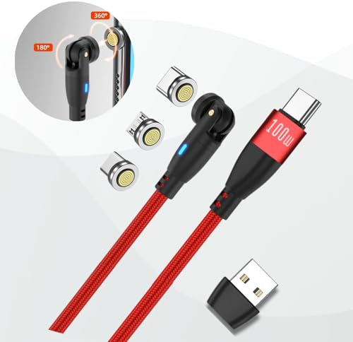 LAMDAR PD 100W USB-A/C Charging Cable with LED indicator, 360°& 180° Magnetic Connector Phone Charger Cable Compatible with USB Type-C/Micro/iPhone ports + USB C to A adapter (Red, 1.8M)