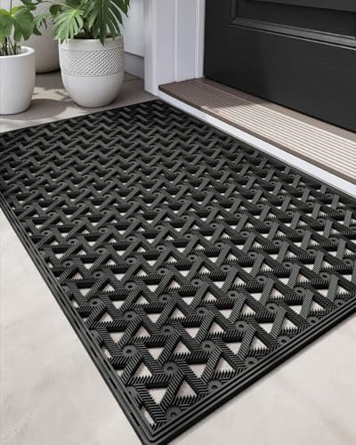 DEXI Fußmatte für den Außeneingang, 48 x 76 cm, Gummi, strapazierfähig, rutschfest, Schmutzfangmatte, wasserdicht, für den Außenbereich, für Terrasse, Eingangsbereich, Entwässerung, Schwarz
