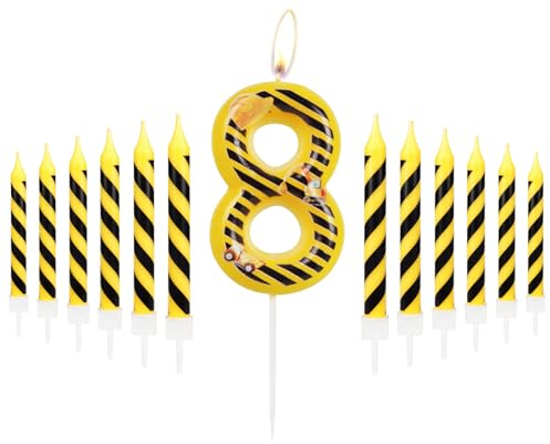 Maschinenfahrzeug-Geburtstagskerzen, Geburtstags-Kerze Zahl 8 mit gelben und schwarzen Streifen, 8th Geburtstagskerzen für Jungen Mädchen, Maschinenfahrzeug Geburtstag Party Dekoration Supplies