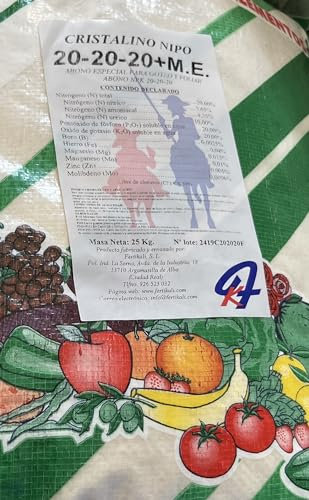 Abono NPK 20-20-20 en forma de sal cristalina Para certificación y uso foliar, Fertilizante en base de nitrato potásico.