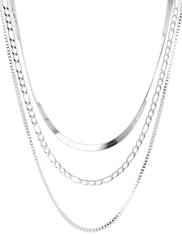 THIORA Layering Kette Silber Layers of Maui | 42cm + 6cm Länge | Halskette Damen | Schlangenkette Figaro Venezianerkette | Hochwertiger Edelstahl | Necklace | Dreifach (Silber)