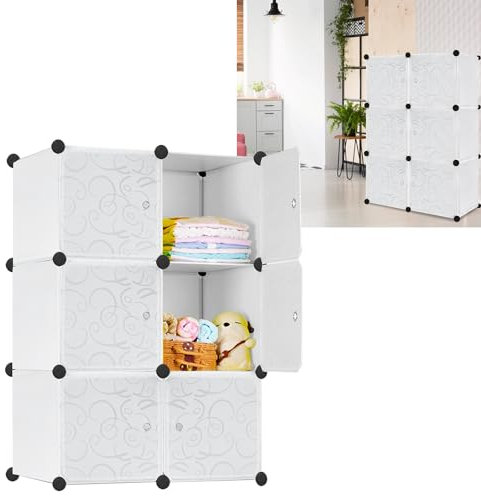 TANTEAR Kleiderschrank Schuhregal aus Kunststoff, Regalsystem Kombischrank mit Türen, Garderobenschrank Tragbarer Faltschrank, für Spielzeug Kleidung, 6 Würfel