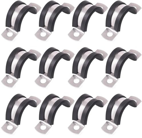12Pcs 25mm(1) Cable Clamp, Rubber Pipe Strap Rubber Cushioned 304 Stainless Steel Hose Clamp U Shape Metal Clamp Tube Holder for Tube Pipe Wire