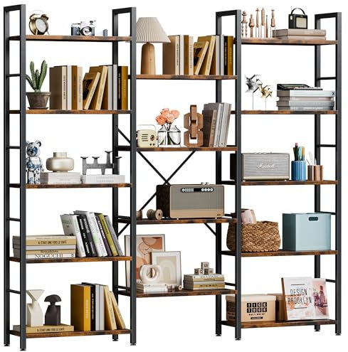 Shintenchi Triple 5 Tier Bookshelf, Industrial Large Bookcase with 14 Open Display Shelves, Large Etagere Bookshelf,Wide Book Shelf Book Case for Home & Office, Rustic Brown