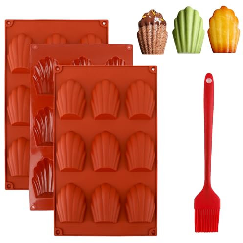 Lot de 3 Moule Madeleine Silicone, Silicone Moulle de Madeleines Cuisson à 9 Trous Forme de Coquille Antiadhésifs Madeleine Plaque Pâtisserie avec Brosse pour Gâteau, Chocolat, Muffin Rouge Brique