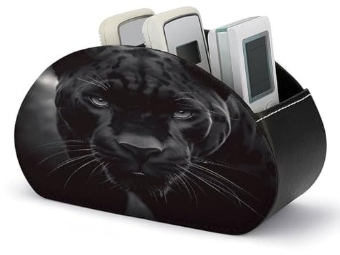 YJWANDO Aufbewahrungsbox für Fernbedienung, PU-Leder, Tier-Panther-Druck, 5 Fächer, Organizer für TV, AC-Fernbedienungen, ideal für Wohnzimmer, Schlafzimmer