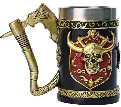 ZONSUSE Chope Viking,Tasse Viking en Acier Inoxydable,Chope à Bière Médiévale,Tasse de Crâne Viking,Mug de Hache Viking, Cadeau Homme Original pour Papa Père Mari Frère Petit Ami 600ml (Hache)