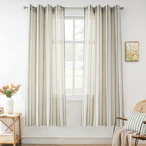 DriftAway Farmhouse Vorhänge für Wohnzimmer, vertikal gestreift, halbtransparent, lichtfilternde Ösen, Fensterbehandlungen, 160 cm lang, 2 Paneele, Nadelstreifen, Lodengrün auf Beige