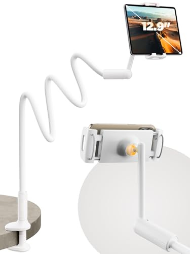 SAIJI - Soporte de cuello de cisne para tablet para cama, ajustable con una mano, 119,4 cm, soporte con base y brazo flexible compatible con iPad/iPhone/Kindle/Switch y dispositivos de 4,7-13”, blanco