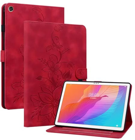 Rosbtib Funda para Huawei MediaPad T5 10.1 Pulgadas 2018 Modelo AGS2-W09/W19/L09, Funda Protectora de Visualización Multiángulo con [Ranura para Tarjetas] [Cierre Magnético], Lirios Rojo