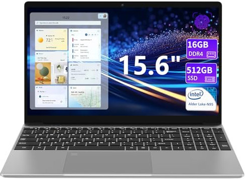 KurieTim Ordinateur portable 15,6 avec processeur Intel_N95 Quad-Core (jusqu'à 3,4 GHz), 16 Go de RAM DDR4 512 Go SSD, clavier rétroéclairé, lecteur d'empreintes digitales, USB 3.0x2, Windows11Pro