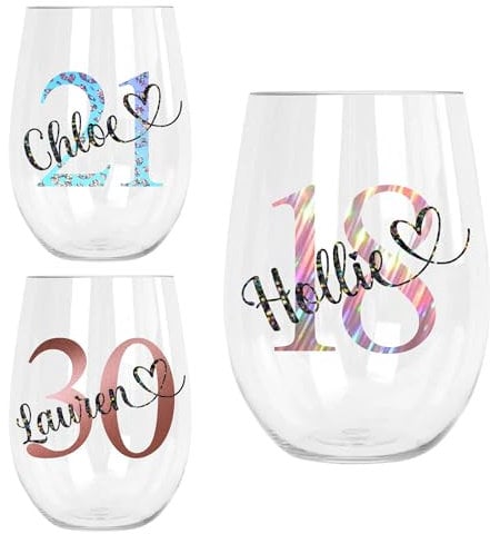 Personalised Birthday Stemless Wine Glass Tumbler Gifts for Her Girl Women Bestie Wine Glass 18th 21st 30th 40th 50th 60th 70th 80th Any Age Party Present Idea