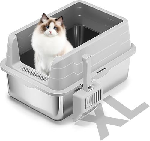 Bartuke Katzenklo Edelstahl, halbgeschlossene, herausnehmbare Metall Katzentoilette mit Schaufel, auslaufsicher, antihaftbeschichtet, leicht zu reinigen, für kleine bis große Katzen (Hellgrau)