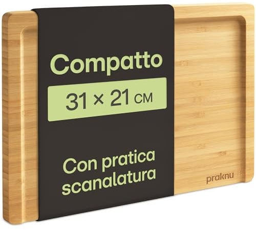 Praknu Schneidebrett aus Holz – Kompakt 31,5 x 21,5 cm – Mit Saftrille & flacher Seite – FSC® Bambus Küchenbrett für Gemüse, Fleisch & Servieren – Platzsparend & Praktisch