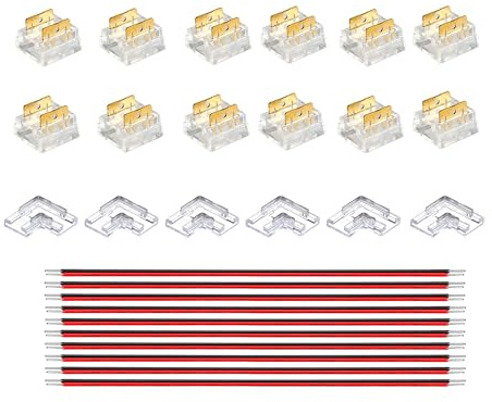 Clearhill Kit de connecteurs d'angle 2 broches 8mm 30 pièces à assemblage par pression pour bandes COB LED,14 connecteurs transparents,6 connecteurs d'angle en L,10 fils rouge et noir 22 AWG.