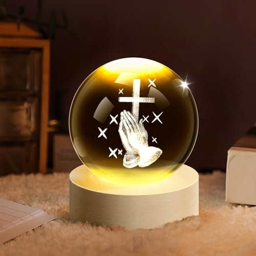 Liamostee 3D Kristallkugel Nachtlicht, Jesus Betende 3D-glaskugel Mit Holzsockel Kristallkugel Nachtlicht Kreative Nachtszene Astronomie LED Ball Lampe,Mit Holzsockel, Christliche geschenke