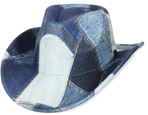 GEMVIE Tie Dye Denim Print Patchwork Cowboyhut für Damen Herren Westernhut mit Breiter Krempe Kostümparty Hut
