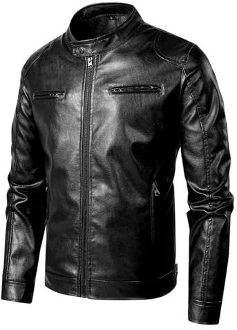 Giacca Pelle Moto Uomo, Leggera Sottile con Tasca sulle Maniche Giubbotto Bomber Giaccone Giacca Chiodo Pelle Biker Motociclista Giacca Moto Uomo Pelle Giacca Antivento Chiodo Pelle Uomo