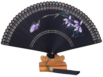 Folding Fans Folding Hand Fan for Women Orchid Pattern Handheld Folding Fan Chinese Vintage Fan for Wall Decoration Gift Decorative(Color:) (one size) (Black O