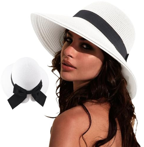 DRESHOW Sombreros de Sol Para Mujeres Sombrero de Sol de Playa Plegable Sombrero de Paja de Ala Ancha con Nudo UPF 50+