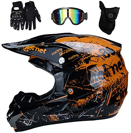 Jugend Kinder MTB Motocross Helm, Dual Sport Integral Offroad Motorrad ATV Scooter Crash Helme, Downhill Quad Dirtbike Enduro Racing Helm, mit Brille Handschuhe Maske