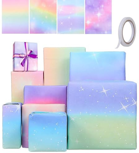 MtnLaur Geschenkpapier für Mädchen Geburtstag 10 Blätter, Pastellfarbenes Regenbogen-Verlauf Geschenkpapier, Wrapping Paper für Mädchen Frauen Geburtstag, Hochzeit, Jubiläum, Hochzeit (mit Klebeband)