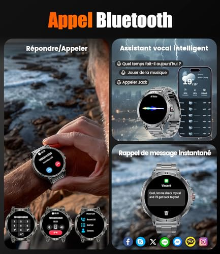 SUNKTA 1,85″ HD Montre Connectée Homme pour iOS Android 800 mAh Grande Batterie Smartwatch Homme Bluetooth appels Noir Acier Lampe LED,Surveillance de la santé,Moniteur de Sommeil,100+ Modes Sport