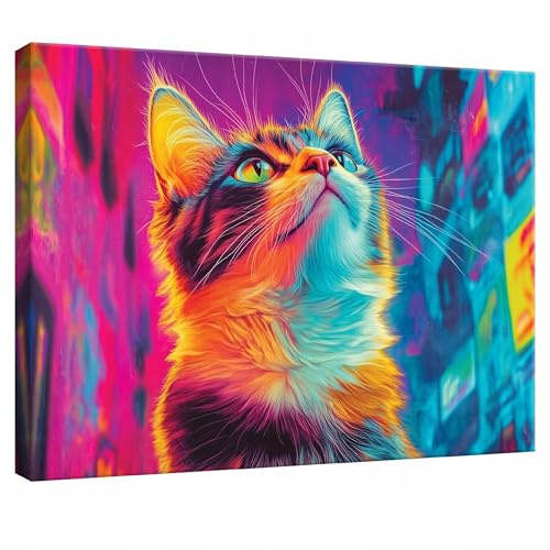WallArena - Leinwand Bilder - Katze Tiere - 120x80 cm Leinwandbilder - Bild auf leinwand - Wandbild XXL groß Wandbilder für Wohnzimmer Schlafzimmer Wohnzimmerbilder Modern kunstdruck - Neon Bunt