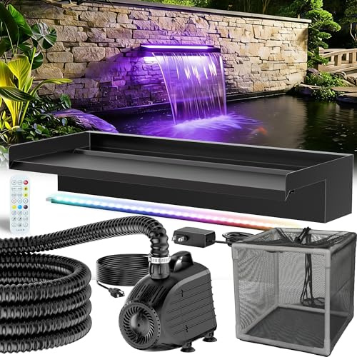 POPOSOAP Pond Waterfall Kit with 60cm Wide Stainless Steel Spillway | 4500 L/h Water Pump, Remote Control LED Lights, 3m Corrugated Tubing, Suitable for Outdoor Ponds Up to 12 Square Metres