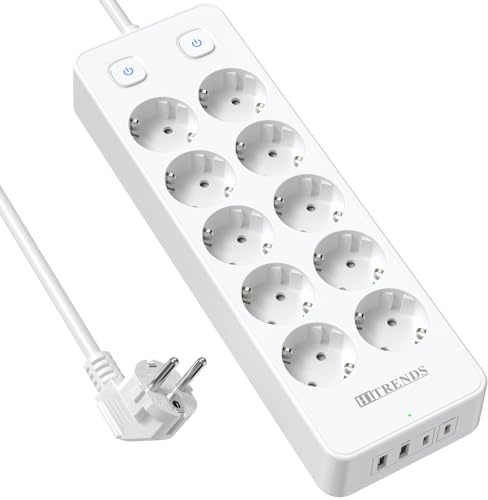 10-Fach Steckdosenleiste mit Überspannungsschutz, Mehrfachsteckdose mit 2 Schalter, Mehrfachsteckdose mit 2 USB-A and 2 USB-C (PD 20W), Steckdosenleiste mit 2M Kabel für für Haus, Schule, Büro (Weiß)