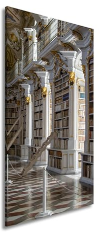 Leinwandbild Barocke Bibliothek voller Bücher und goldener Ornamente Panorama 120x60cm XXL Kunstdruck Bild auf Keilrahmen/Wandbild/Wohnzimmer Dekoration