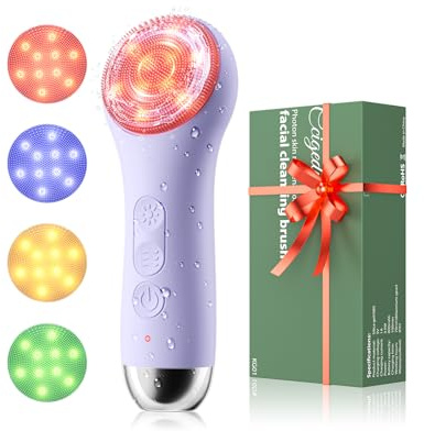 Facial Cleansing Brush IPX-7 Waterproof Electric Face Brush Rechargeable Silicone Face Scrubber with 4 Colour LED Light Therapy, 5-Speed Exfoliating Massaging Beauty Skin Device for Men Women (Purple)