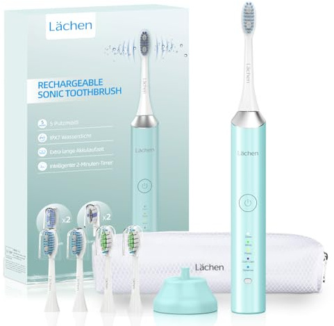 Lächen Elektrische Zahnbürste, 5 Modi Elektrische Schallzahnbürste, 2 Minuten Timer,USB-Ladung für 60 Tage, IPX7 Wasserdicht mit Reise-Etui 4 Aufsteckbürsten (Türkis)