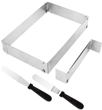 Tinsellns Verstellbarer Backrahmen Rechteckig/Eckig, Edelstahl Tortenring 5 CM hoch mit 2 Spateln – Ideal für Kuchen, Torten & Pizza Backen