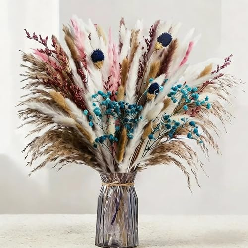 Kiswleon 110 Stück Pampasgras Groß Trockenblumen 44cm Boho Deko mit Schleierkraut,Bunny-Tails-Trockenblumen,Braune Pampasgras Deko für Wohnzimmer Flur Esstisch Bad Dekoration Modern